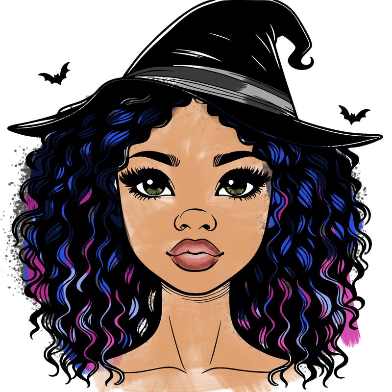 realistic black girl with wavy hair and witch hat and nose and lips