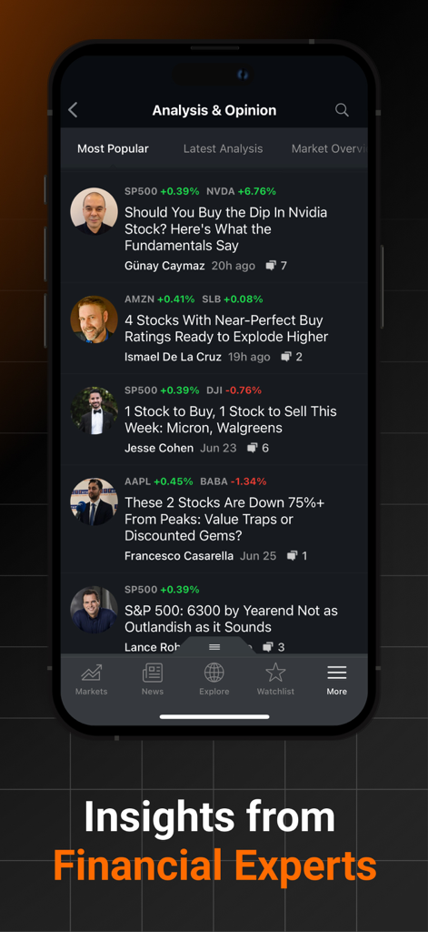 Investing.com: Stock Market - Investing.com app screen showing stock market analysis and expert investment insights