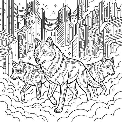 Dive into a thrilling dystopian future with this captivating coloring page showcasing powerful cyberpunk wolves navigating a high-tech metropolis. It’s a perfect blend of wilderness spirit and futuristic design for imaginative artists.