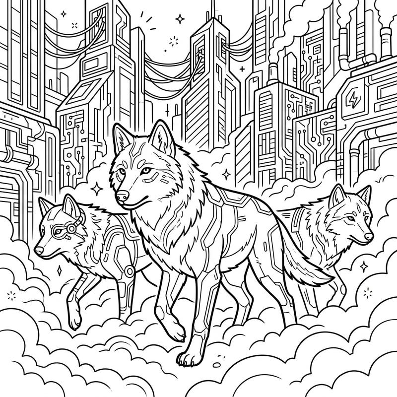 Dive into a thrilling dystopian future with this captivating coloring page showcasing powerful cyberpunk wolves navigating a high-tech metropolis. It’s a perfect blend of wilderness spirit and futuristic design for imaginative artists.