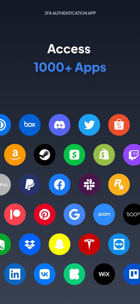 Tela do aplicativo autenticador exibindo acesso a mais de 1000 aplicativos, incluindo Google, Facebook e Amazon.