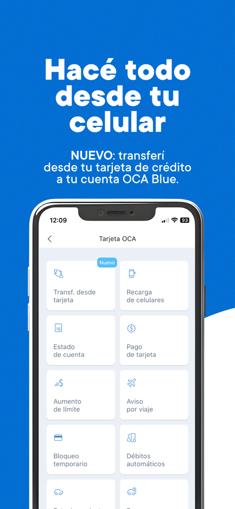 A smartphone screen displaying the OCA app menu with financial service options like transfers and card payments.