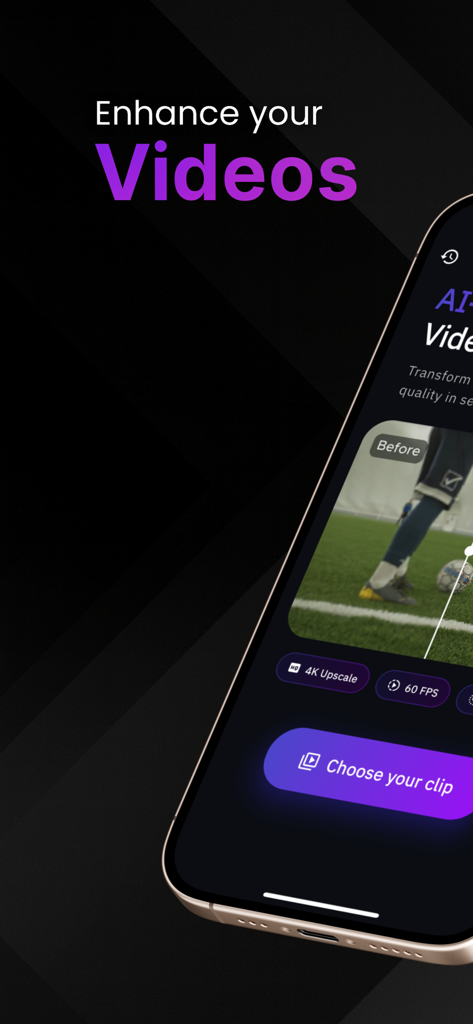Smartphone screen showing Velox AI Video Enhancer app interface with 4K upscale and 60 FPS enhancement features