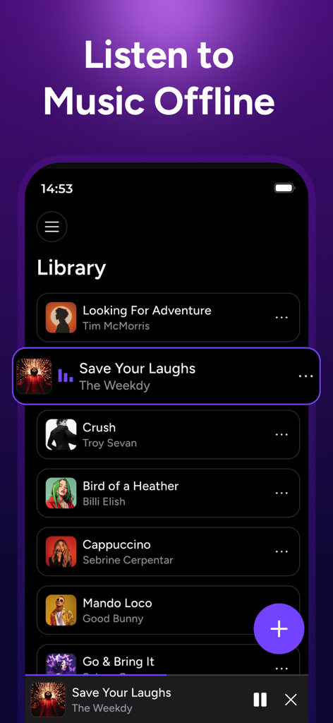 Interface of the Volume Booster app showing an offline music library with a list of songs