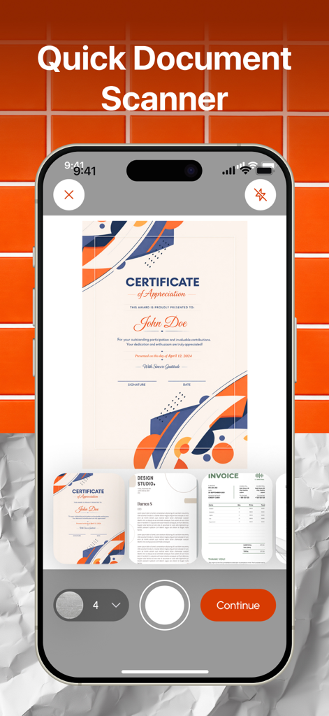 Lens Document Scan & Editor - Interfaz rápida de escáner de documentos en un teléfono móvil que muestra un certificado y una factura escaneados
