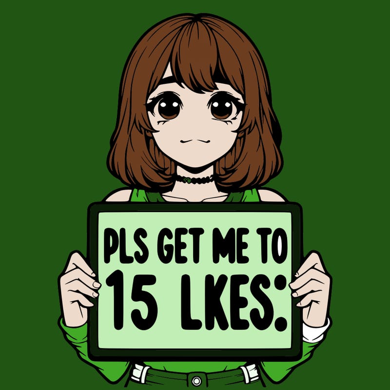 realistic girl holding up a sign that says “pls get me to 15 likes!”