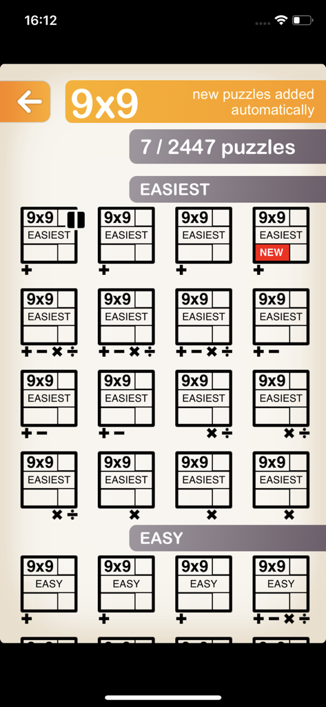 KenKen Classic - KenKen Classic screen showing a selection of 9x9 puzzles categorized by difficulty levels
