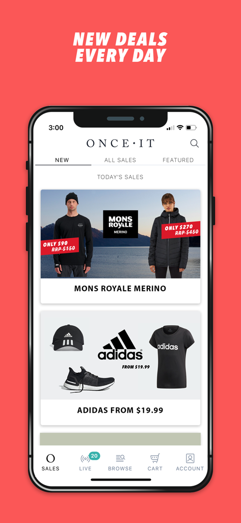 Onceit mobile app home screen showing daily sales for premium brands including Adidas and Mons Royale