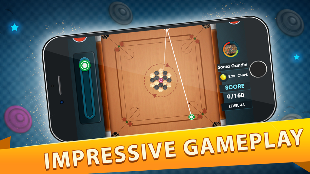 Carrom Live! - Screenshot of Carrom Live mobile game showing a digital board with coins and a striker