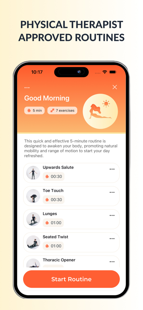 Stretch Reminder AI & Pilates - iPhone screen showing the Stretch Reminder app with a five minute morning routine featuring physical therapist approved exercises