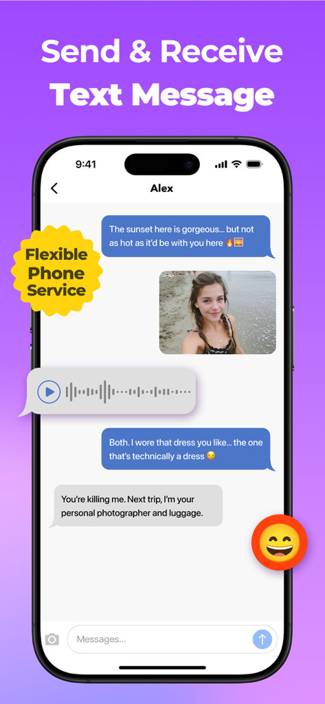Call Now: 2nd Number Phone App - Interfaz de la aplicación móvil que muestra el intercambio de mensajes de texto, fotos y voz para un número de teléfono secundario.