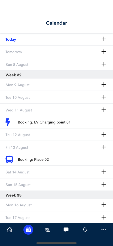 Commuty - Commuty app calendar displaying corporate bookings for parking and EV charging points.
