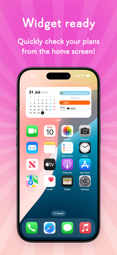 ADAY Simple schedule calendar - ADAY calendar app widget showing scheduled events and a monthly view on an iPhone home screen