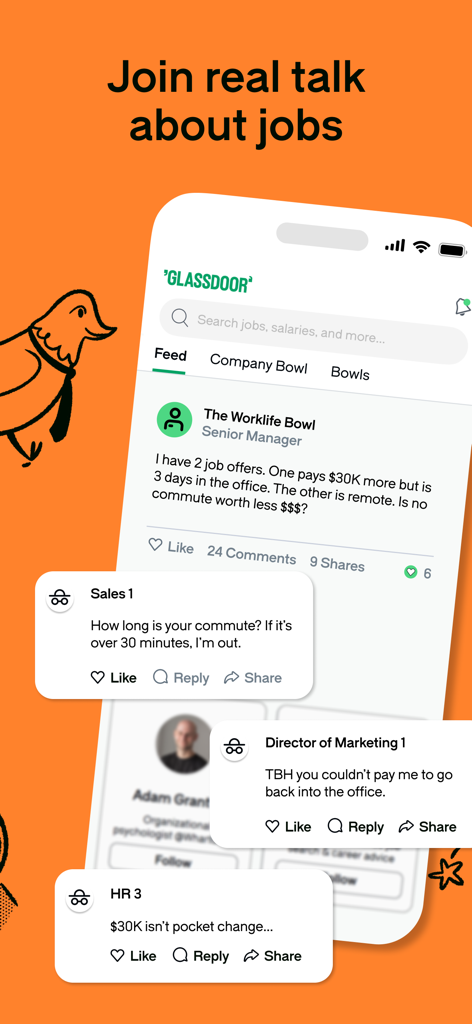 Glassdoor app interface showing anonymous professional community discussions about salaries and remote work in the Bowls feature.