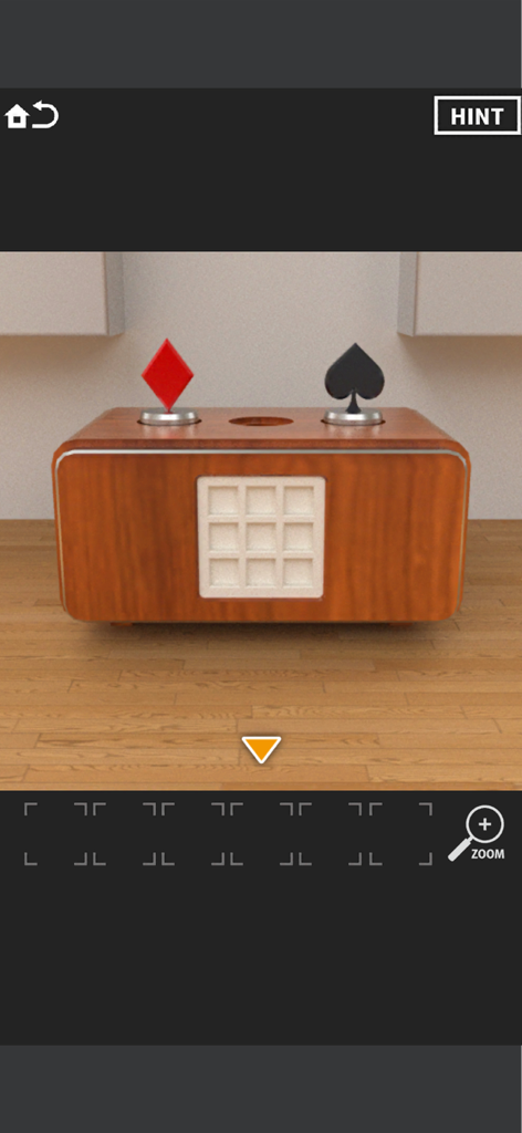 Room Escape [SECRET CODE 4] - A wooden puzzle box with a red diamond and black spade on top in Room Escape Secret Code 4