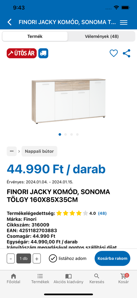 Praktiker Magyarország - A product detail page in the Praktiker Magyarország app for a Sonoma oak and white dresser with price and specifications.
