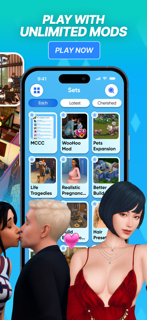 Game Mods for The Sims 4 - A mobile screen showing a curated list of Sims 4 mods including MCCC and Realistic Pregnancy