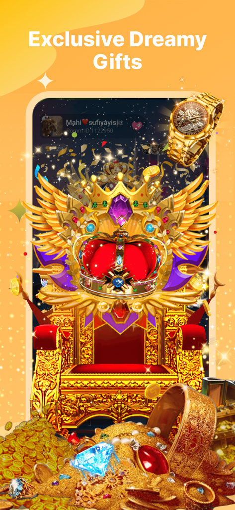 Ayome app interface displaying luxury virtual gifts including a golden throne and crown