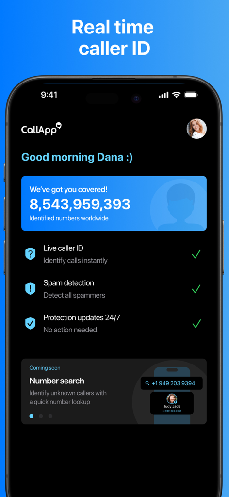 CallApp dashboard on an iPhone showing real-time caller ID and spam detection features.