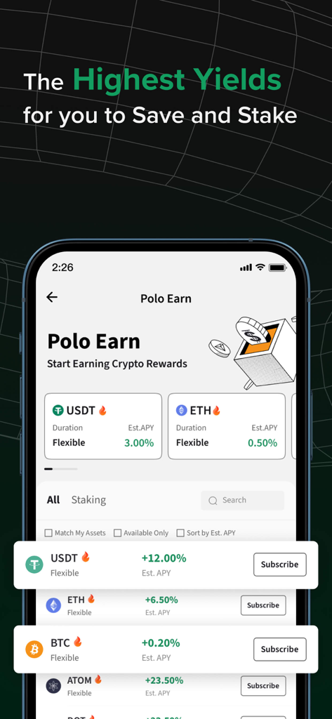 Schermata Polo Earn dell'app mobile Poloniex che mostra le opzioni di staking di criptovalute e i rendimenti APY