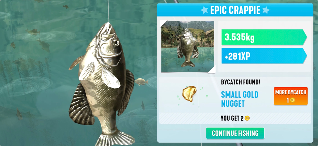 Fishing Friends 3D - Big Catch - Una captura de pantalla que muestra una captura Épica de Crappie con una recompensa de pepita de oro y estadísticas de XP en Fishing Friends 3D