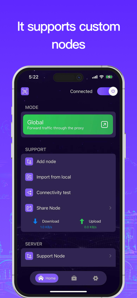 VPN - Super VPN Buck - Interfaz de la aplicación Super VPN Buck que muestra funciones de gestión de nodos personalizados como agregar, importar y compartir nodos en un iPhone.