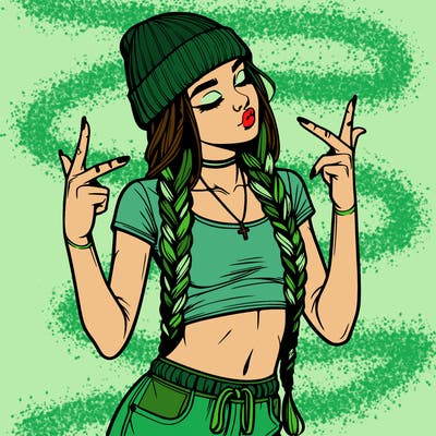 realistic teenage girl with braids and a beanie and crop top doing 🫶🏼