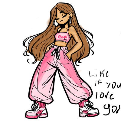 girl in baggy pants crop top and long hair