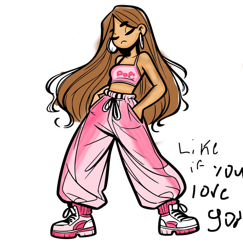 girl in baggy pants crop top and long hair