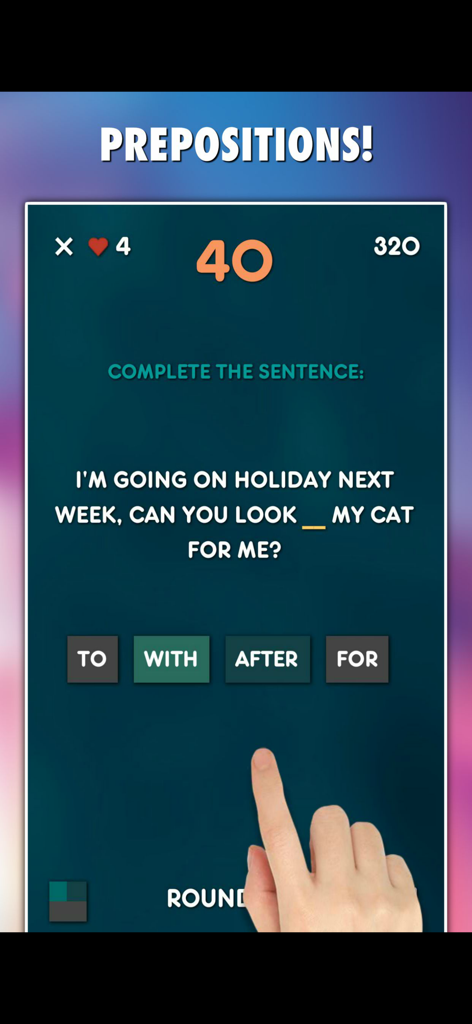 English Grammar Games 10-in-1 - A mobile app screenshot showing an English grammar game for prepositions with a multiple choice sentence completion question.