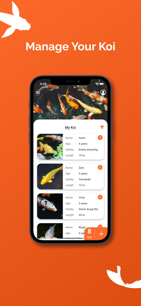 Mobile app screen displaying a list of individual koi fish profiles with names, ages, varieties, and measurements.