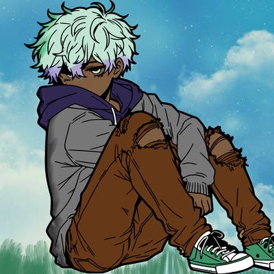 a male hoddie ripped jeans messy hair anime