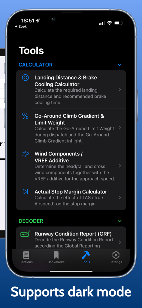 B737 Performance Handbook app tools menu interface in dark mode