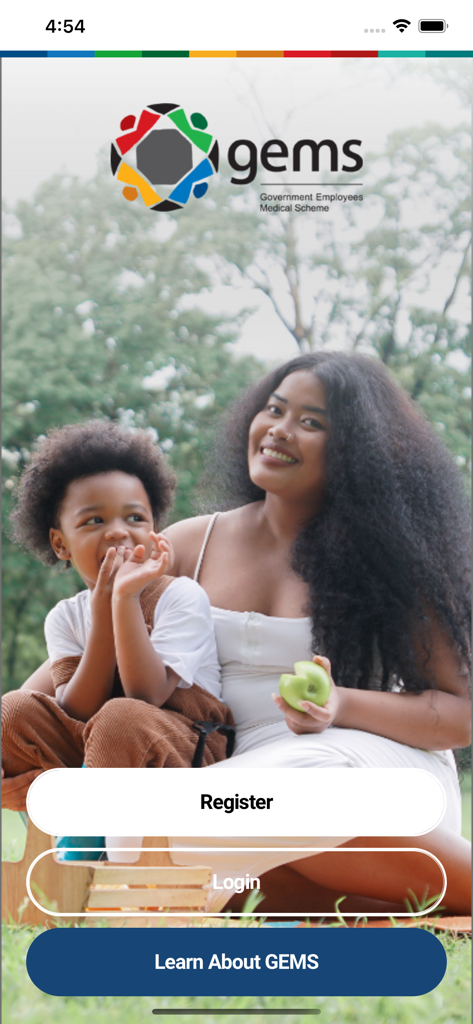 GEMS Member app welcome screen with login and registration options