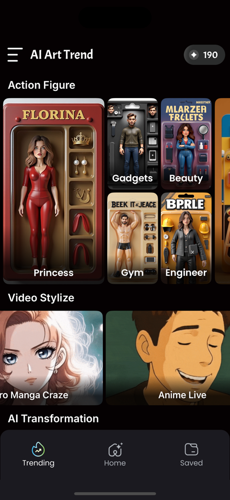 Figurine 3D - Action Figure AI - Interface of Figurine 3D app displaying various action figure and anime character styles