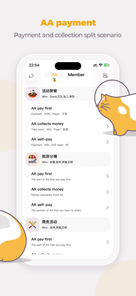 Interfaz de la aplicación Money Cats que muestra escenarios de división y cobro de facturas