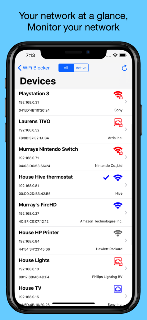 WiFi Blocker - A mobile interface of the WiFi Blocker app showing a list of connected devices including a Playstation 3, Nintendo Switch, and smart thermostat with options to monitor and control access.