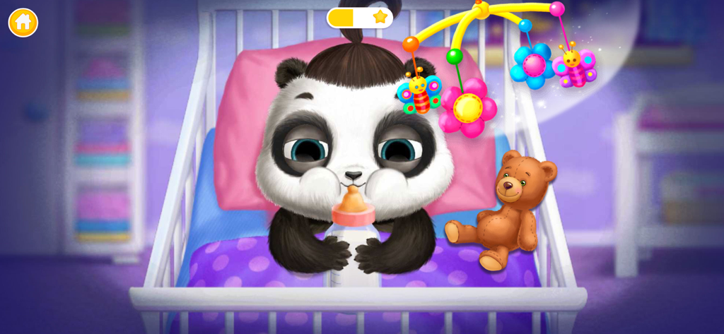 Bebé panda Lu bebiendo leche de un biberón en una cuna