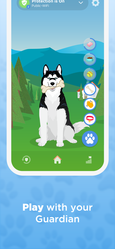 Max the Husky mascot sitting in a mountain landscape with interaction icons to play and pet.