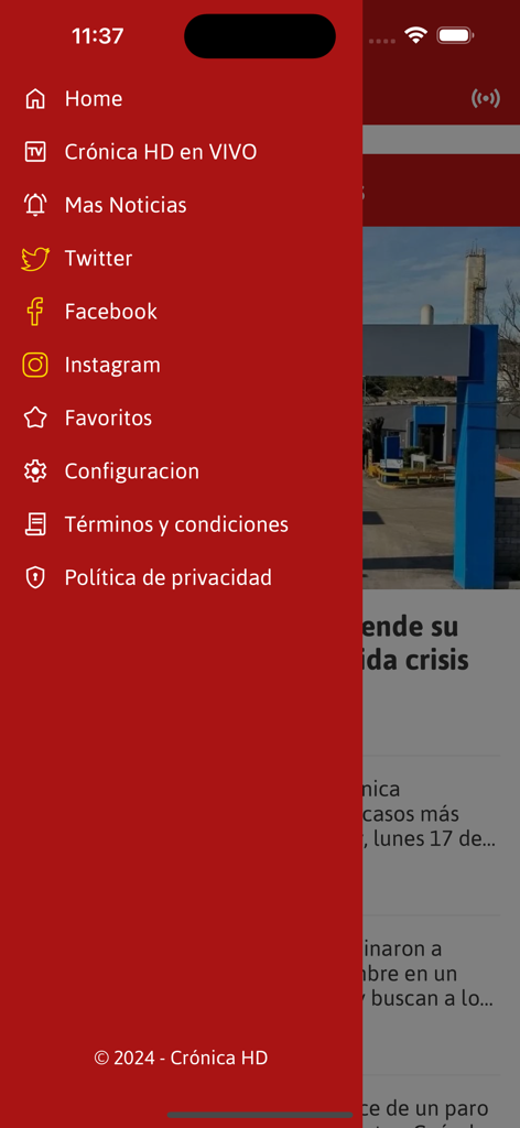 Seitliches Navigationsmenü der Diario Crónica Mobil-App auf Spanisch mit Nachrichtenkategorien und Social-Media-Links