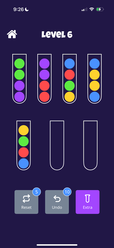 Gameplay screen of Brain Training Logic Puzzles showing a color ball sorting challenge on level six.