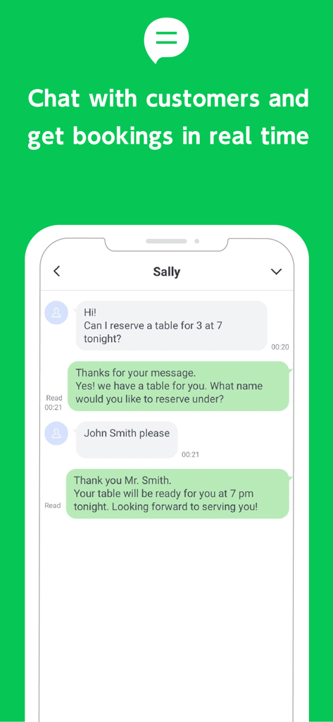Écran de smartphone montrant une conversation en temps réel entre une entreprise et un client pour une réservation de table sur l'application Compte Officiel LINE.