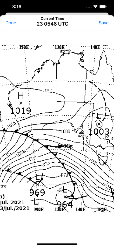 NAIPS - Aviation meteorological chart showing weather systems over Australia in the NAIPS app