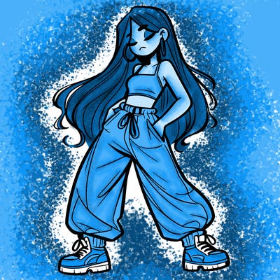 girl in baggy pants crop top and long hair