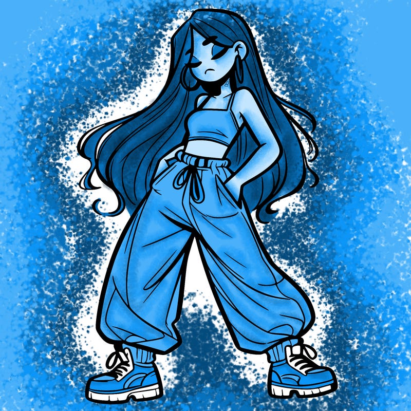 girl in baggy pants crop top and long hair