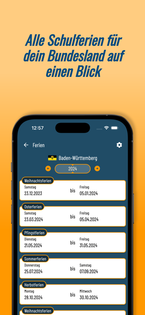 Interface de l'application affichant les dates des vacances scolaires pour le Bade-Wurtemberg en Allemagne.