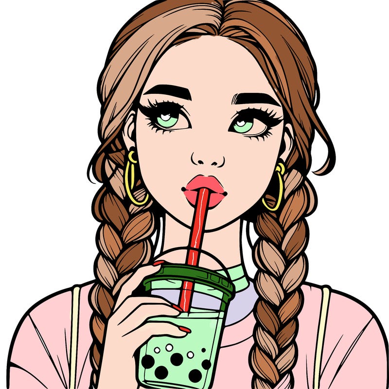 realistic girl with braided hair drinking boba