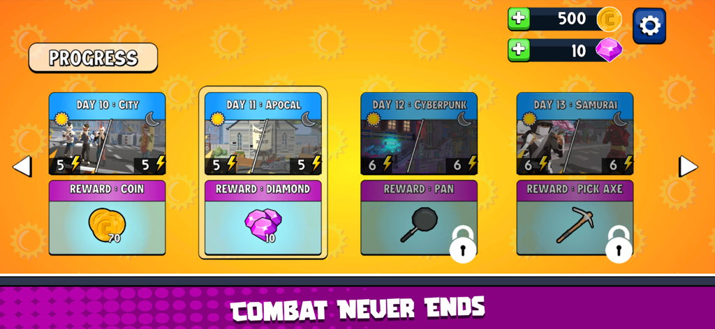 City Fighter vs Street Gang - Mobile game progress screen showing daily levels and rewards for City Fighter vs Street Gang.
