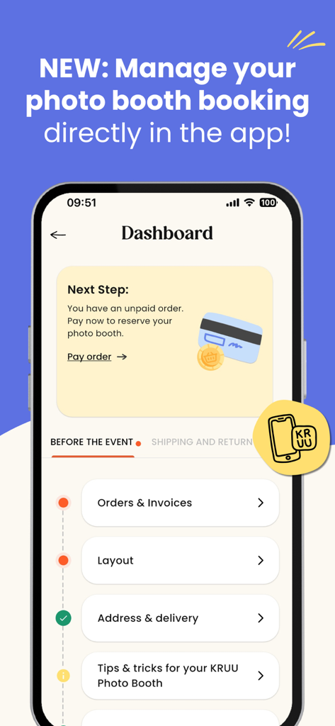 KRUU app dashboard showing photo booth booking management with a checklist for event planning steps and payment status