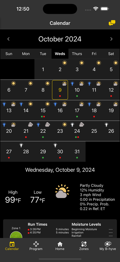 B-hyve - Interfaz de calendario de la aplicación B-hyve que muestra un programa de riego mensual con datos meteorológicos integrados y tiempos de ejecución diarios.